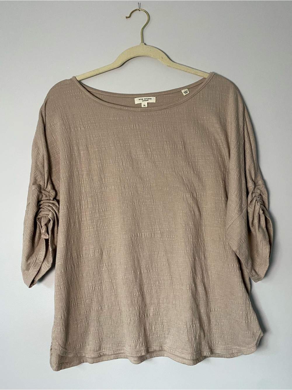 Max Studio London Taupe Ruched Sleeve Textured Top XL
